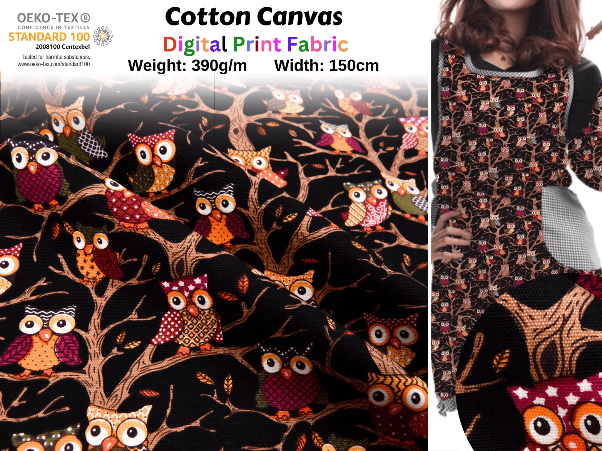 100% Cotton Half Panama Printed Fabric / Canvas printed Fabric /Colorful Owl  Digital Print  Fabric