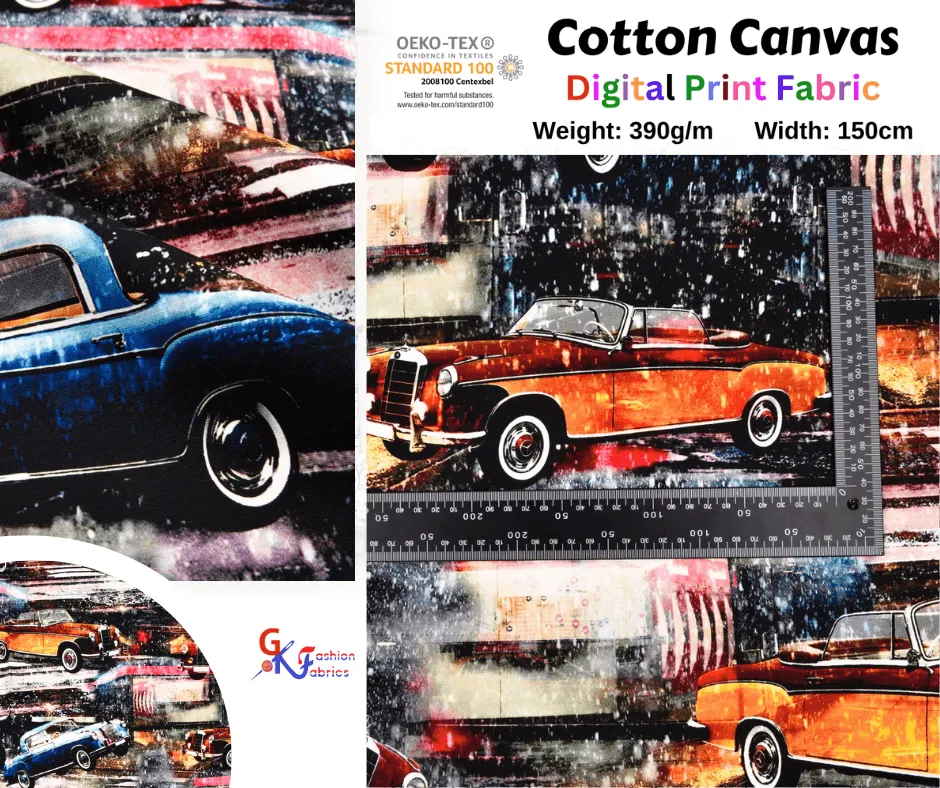 100 % Cotton Half Panama Printed Fabric / Canvas printed Fabric /   Vintage Car  Digital Print  Fabric