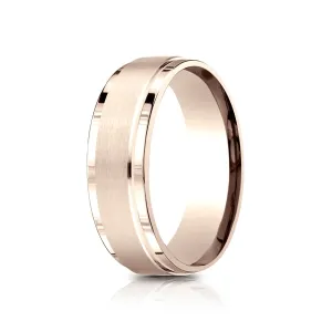 14 Karat Rose Gold 7mm Comfort-fit Bright Edge Satin Finish Center Design Band