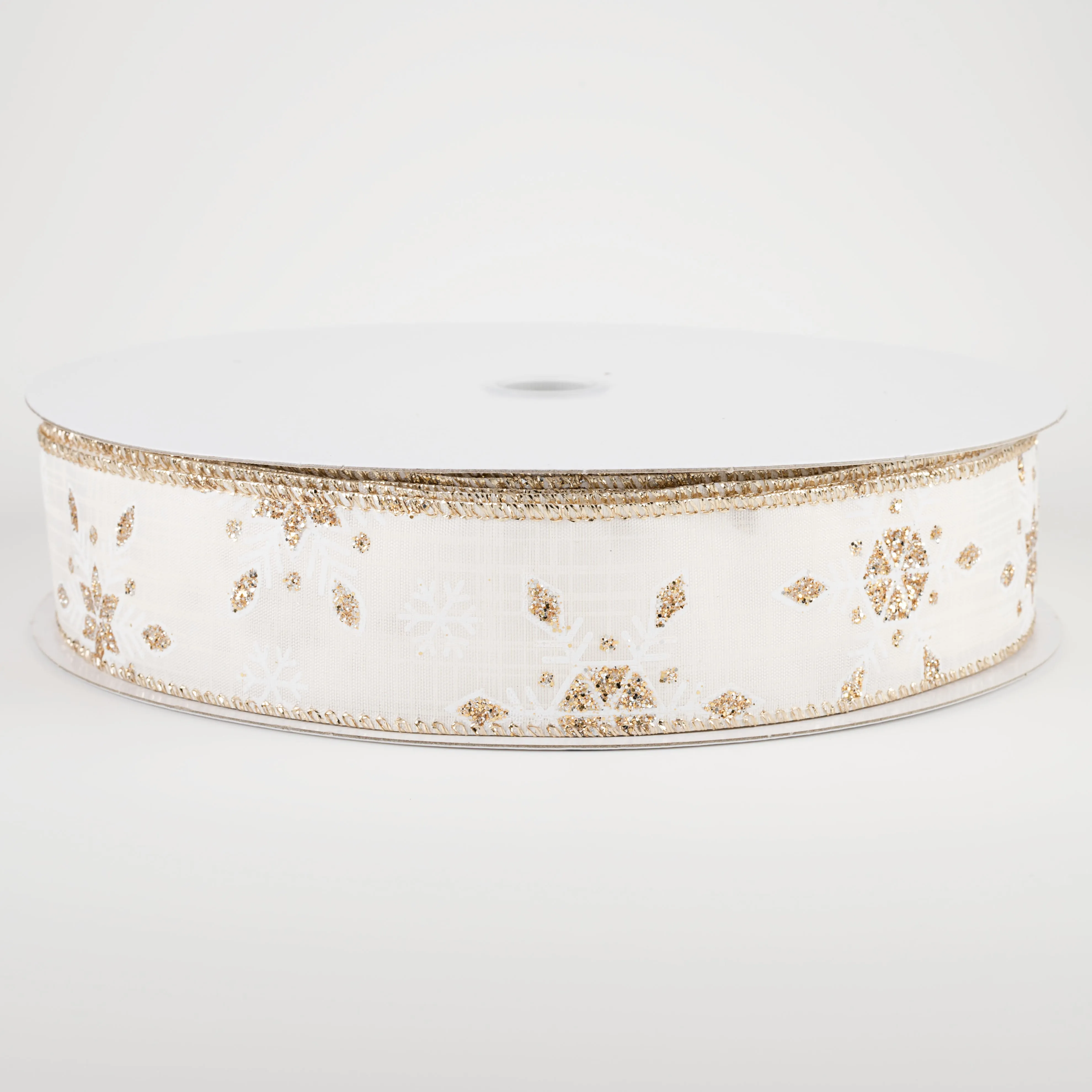 1.5" Champagne Snowflake Satin Ribbon: Ivory (50 Yards)