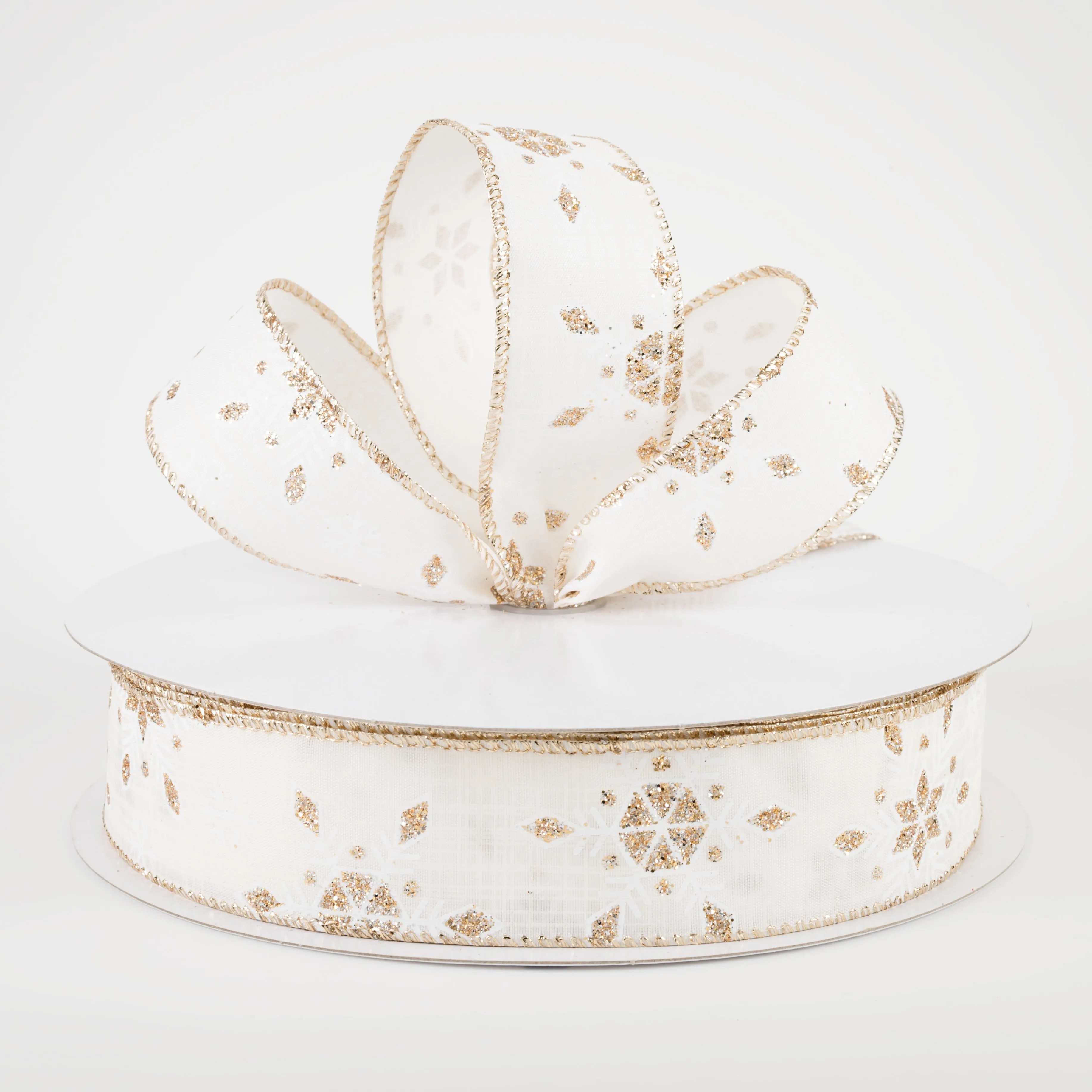 1.5" Champagne Snowflake Satin Ribbon: Ivory (50 Yards)