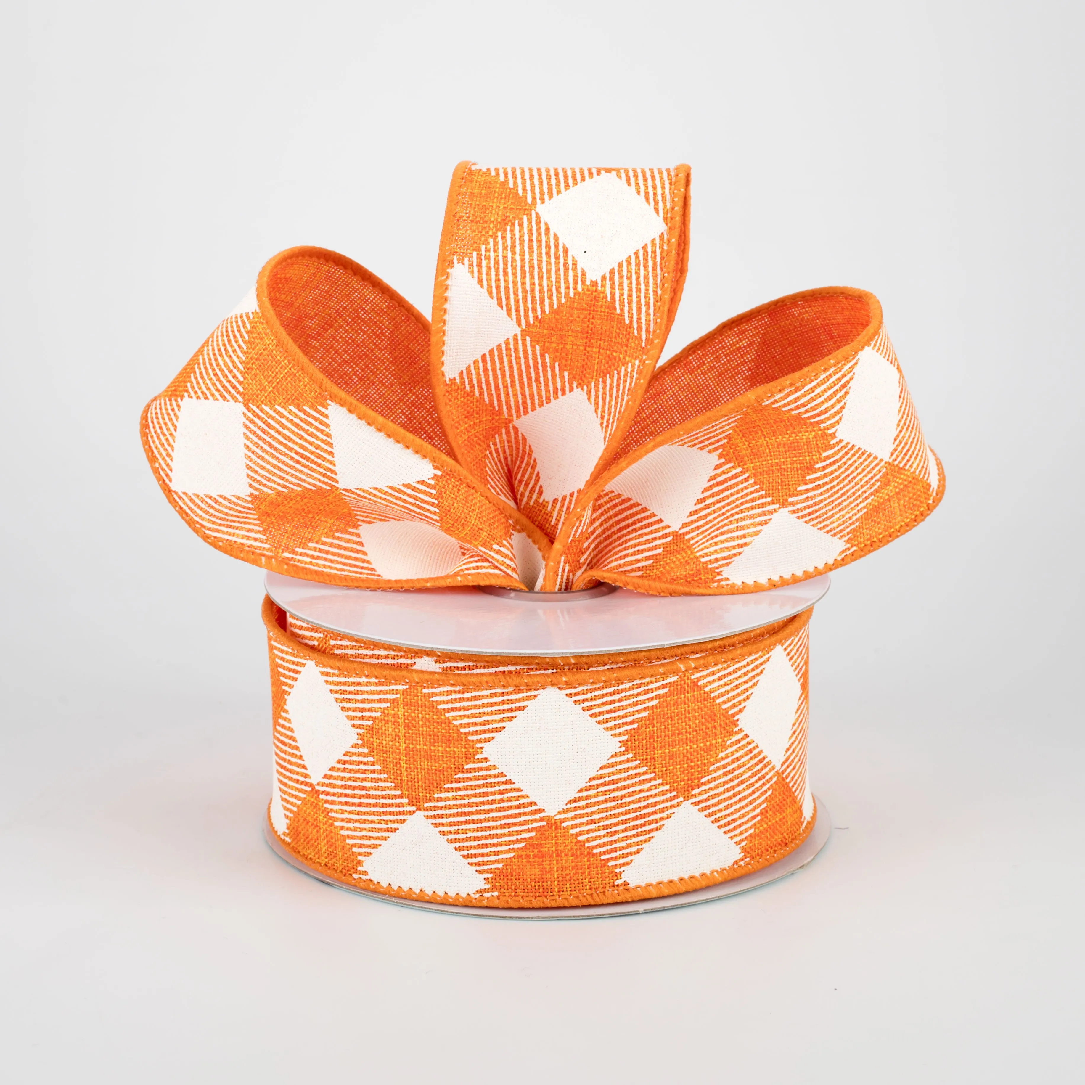 1.5" Diagonal Check Ribbon: Orange & Ivory (10 Yards)