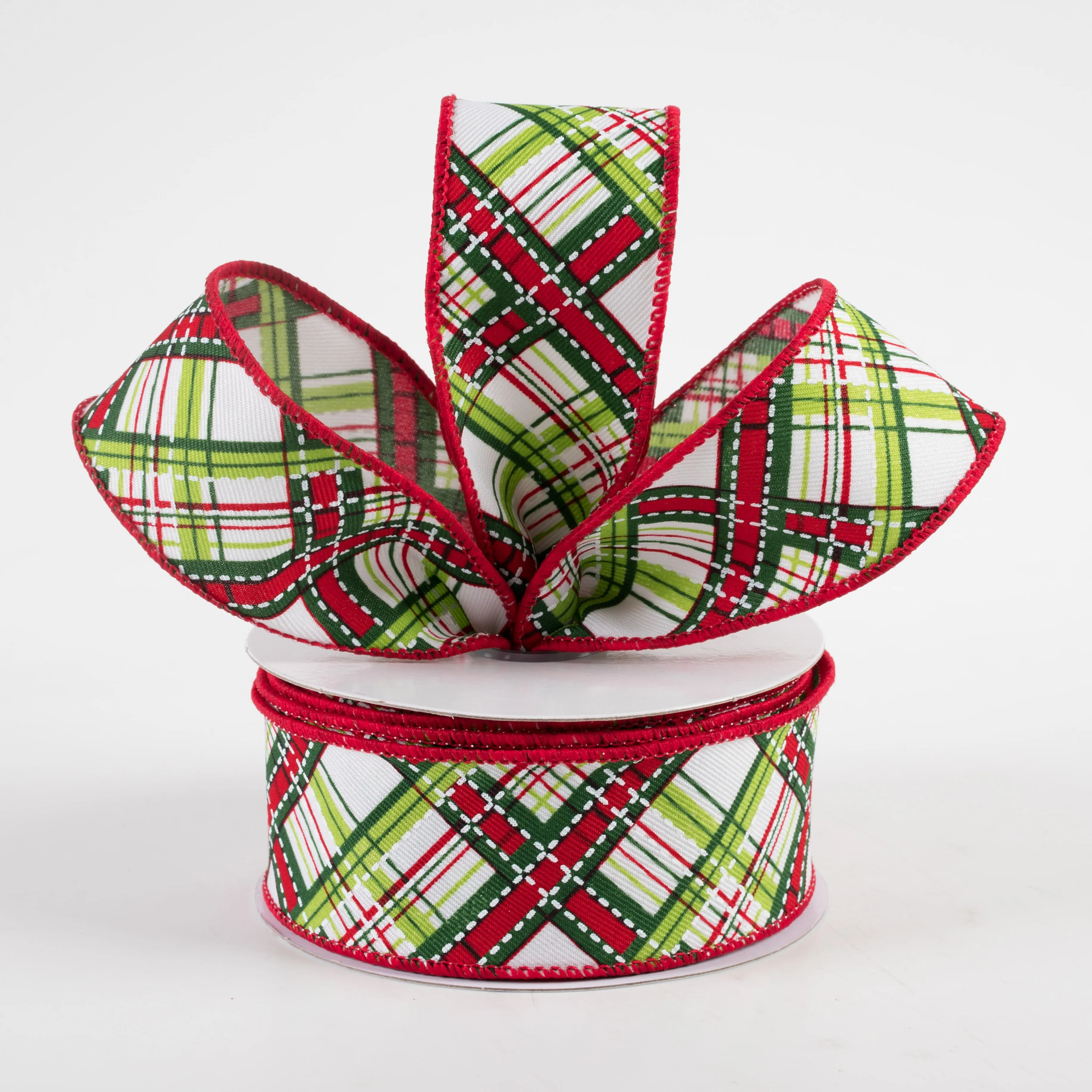 1.5" Diagonal Dash Plaid Ribbon: White, Lime, Emerald, Red (10 Yards)