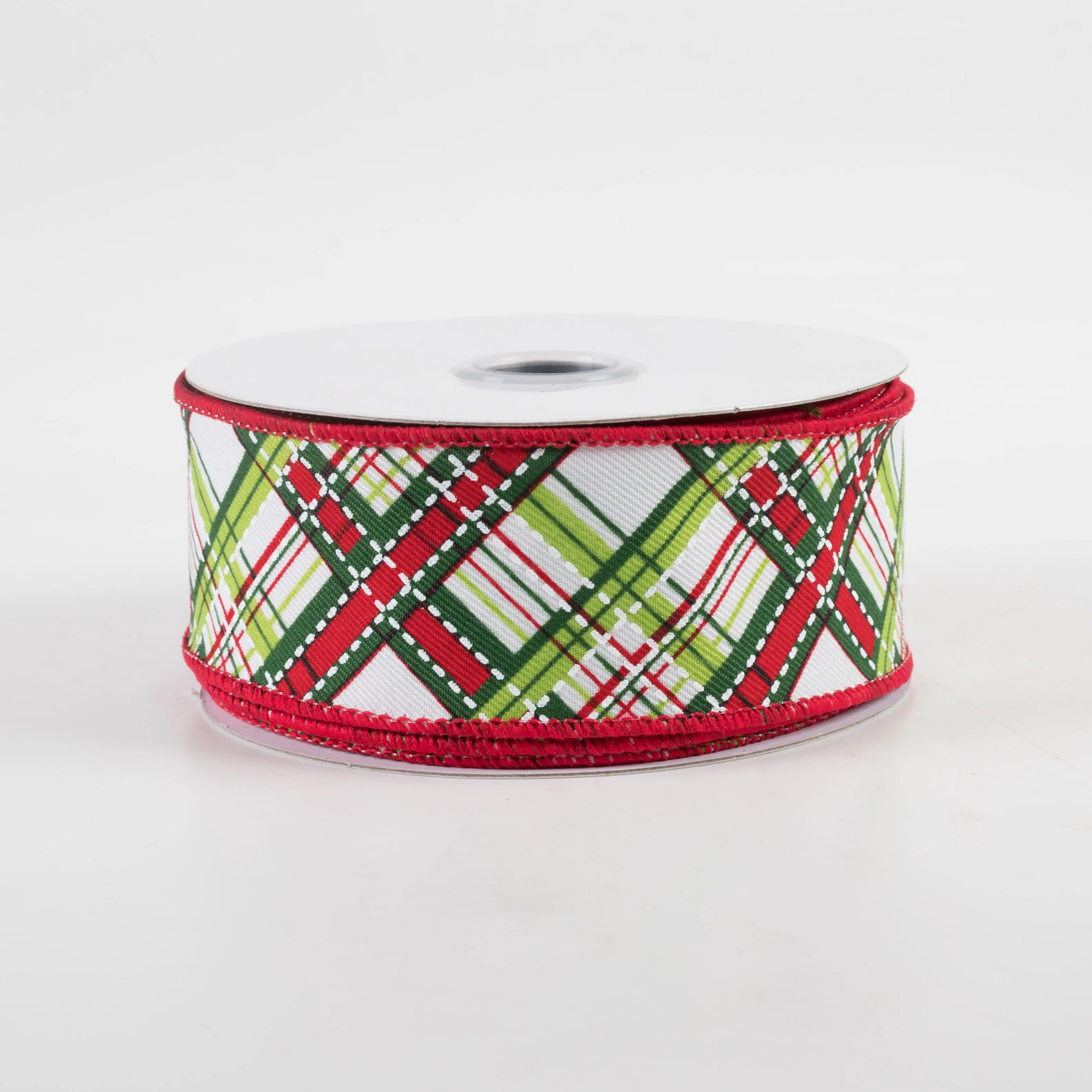 1.5" Diagonal Dash Plaid Ribbon: White, Lime, Emerald, Red (10 Yards)