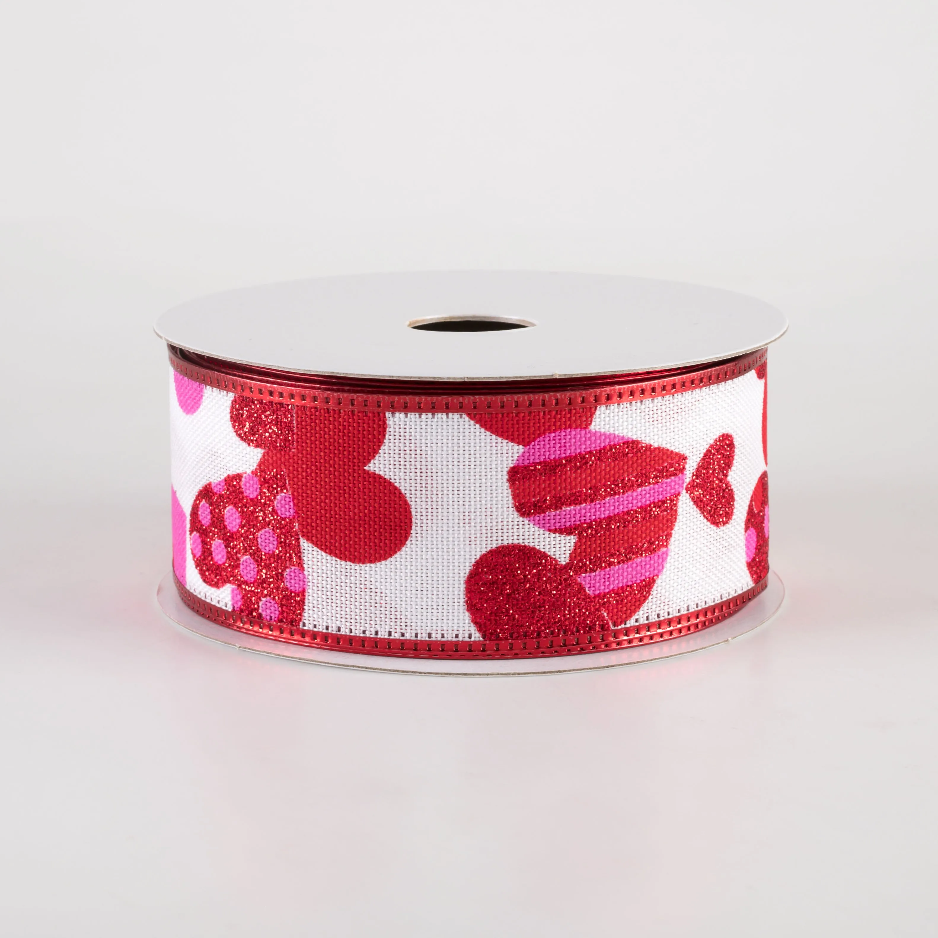 1.5" Dot & Stripe Hearts Linen Ribbon: White, Red, Pink (10 Yards)