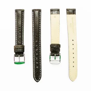 16MM Leather Watch Band Dark Brown with Grain Padded White and Brown Stitched Regular Size Strap Replacement With Silver Buckle