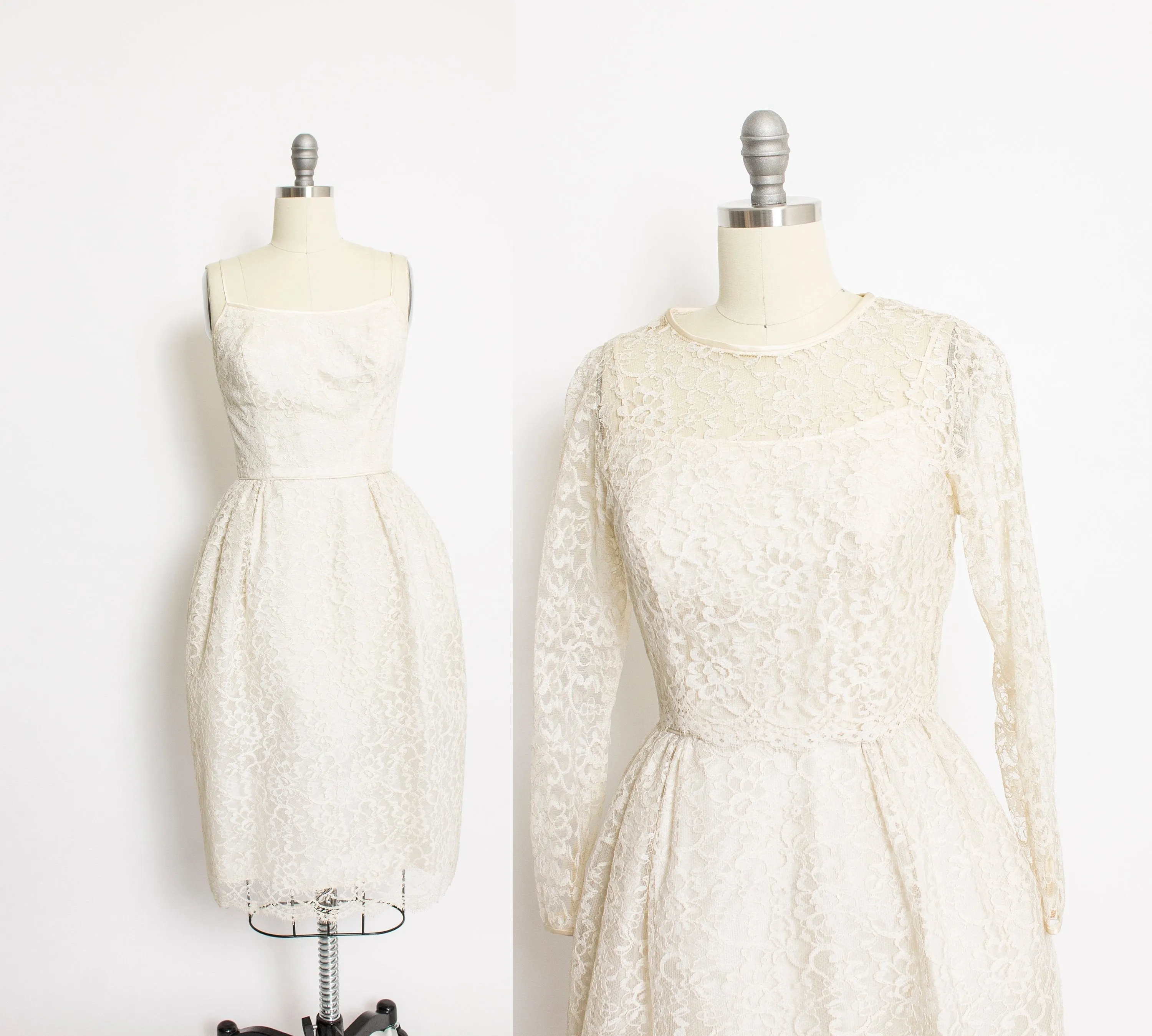 1950s Dress Ivory Lace Sleeveless Bolero Set XS