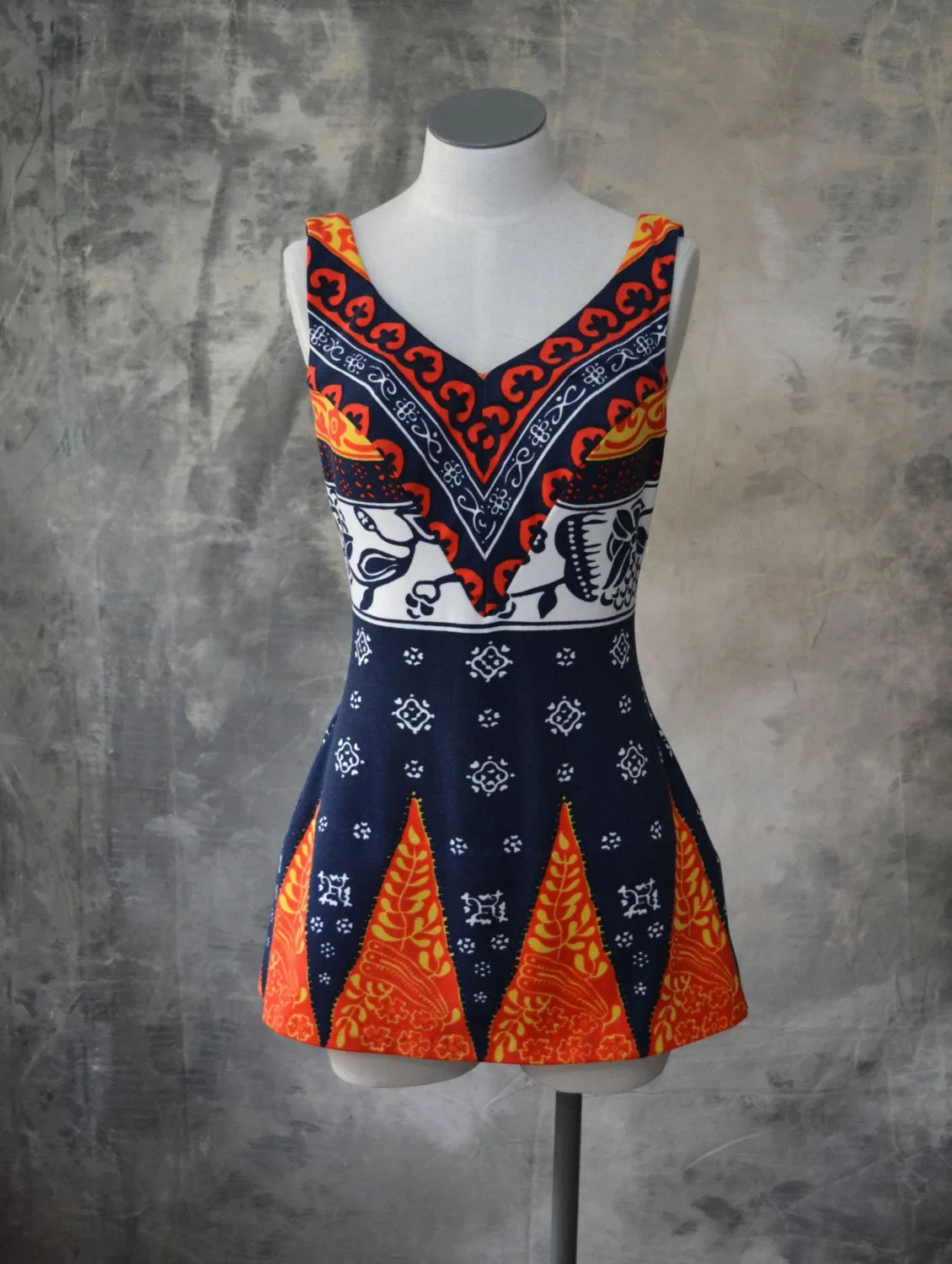 1970s Swim Suit Navy and Red Batik Print