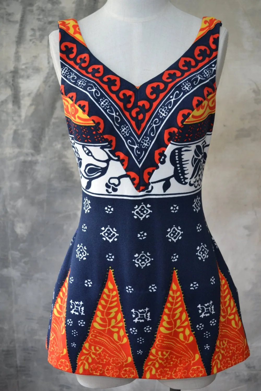 1970s Swim Suit Navy and Red Batik Print