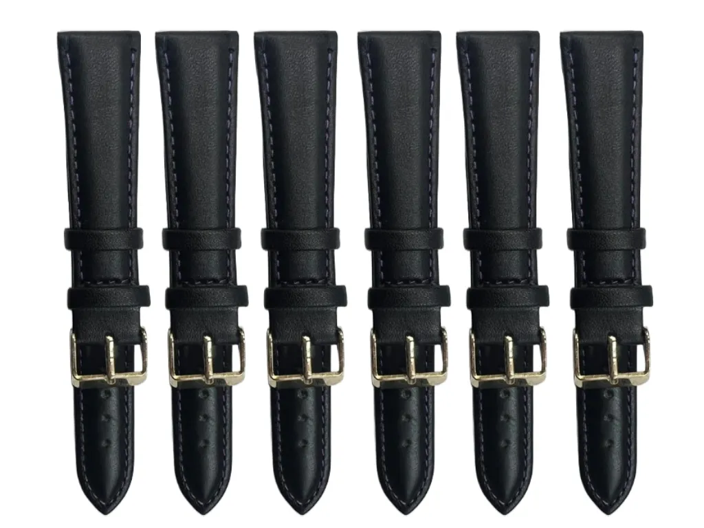 6PCS Black Leather Watch Band Sizes 8MM-24MM Padded w/PURPLE Stitches