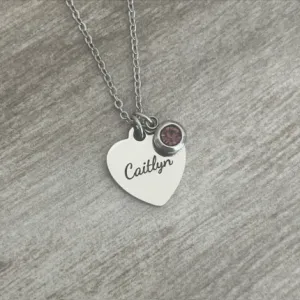 Atarah Personalized Heart with Birthstone Necklace, Silver Stainless Steel (READY IN 3 DAYS)