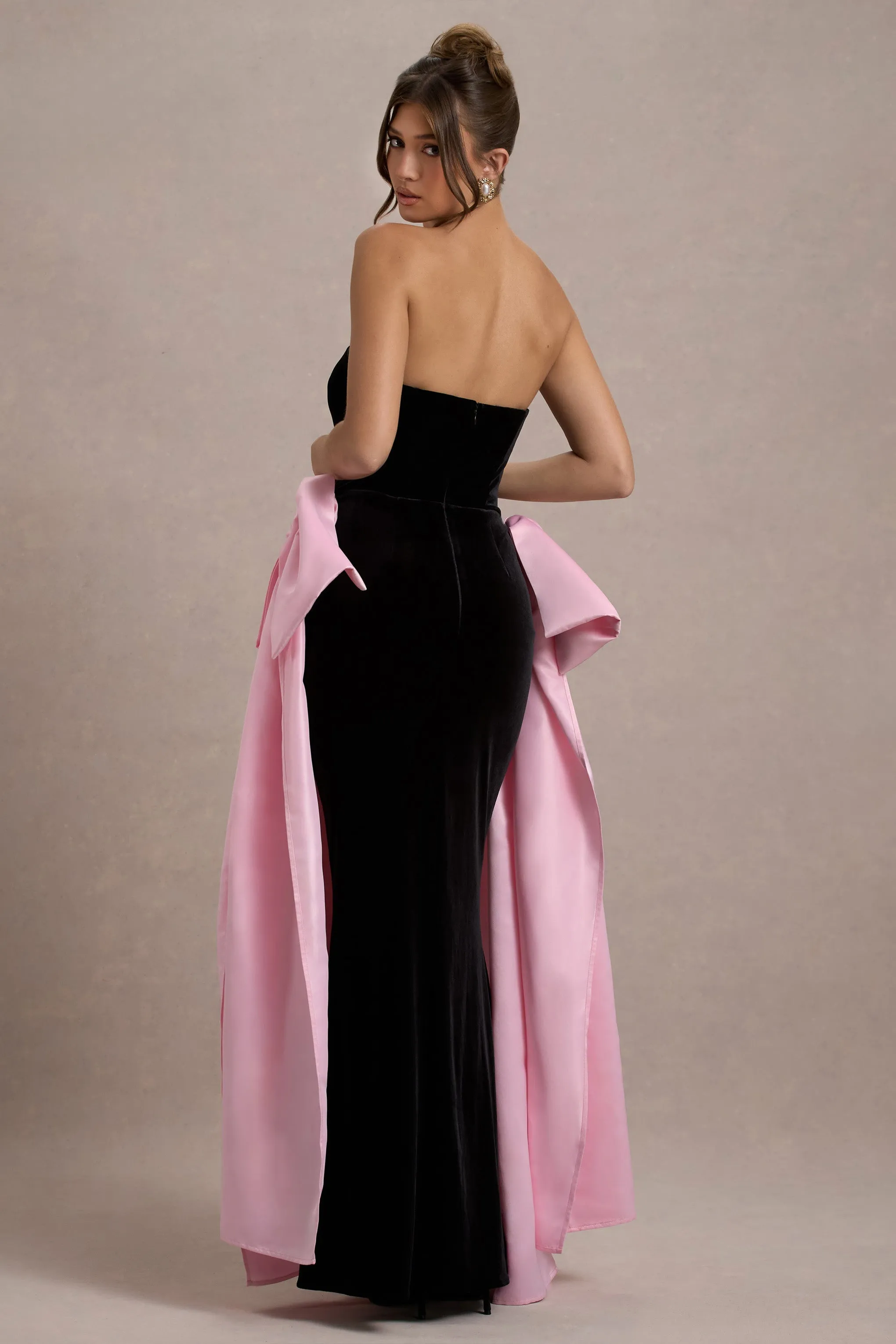 Attention | Black Strapless Maxi Dress With Pink Satin Bows