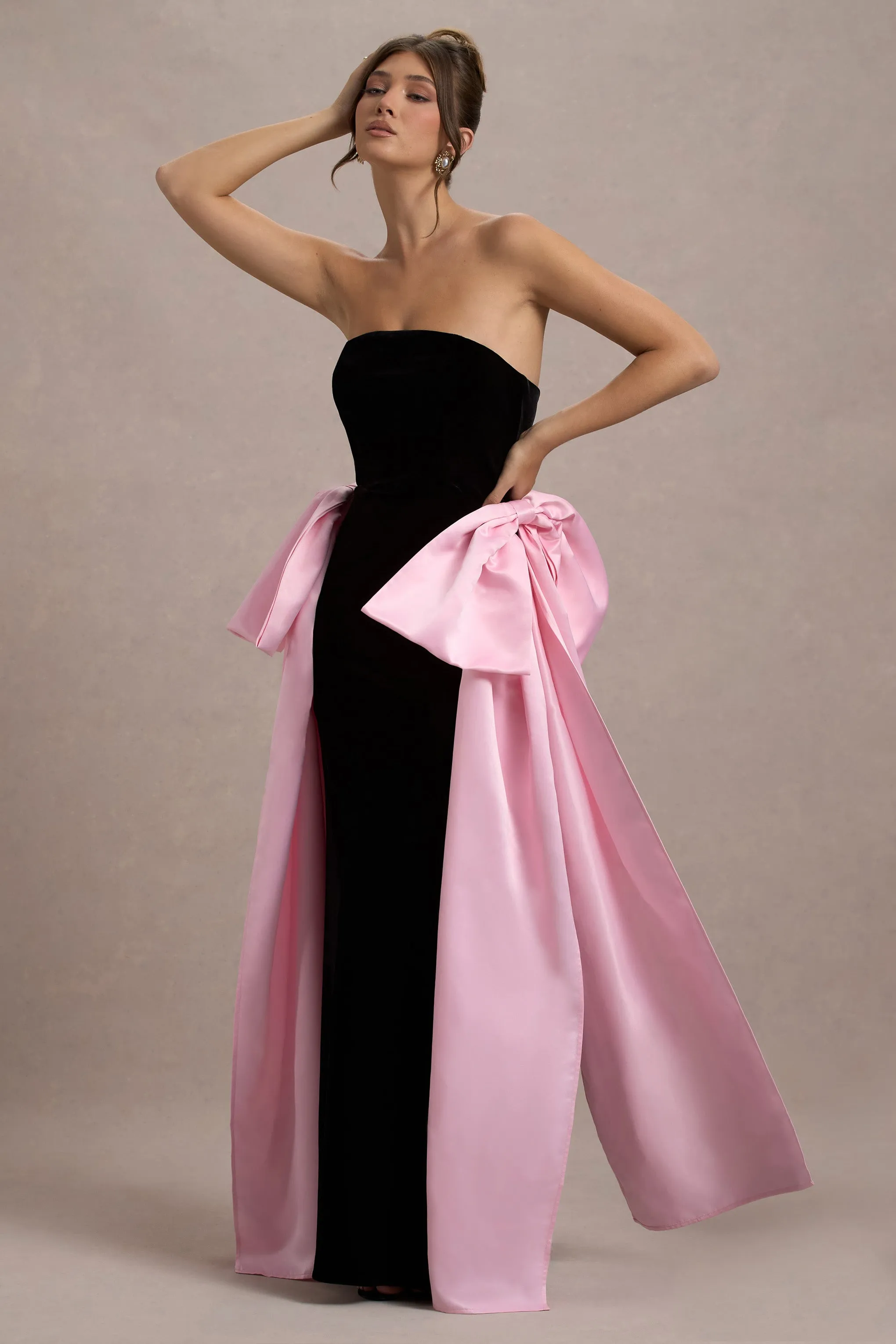 Attention | Black Strapless Maxi Dress With Pink Satin Bows