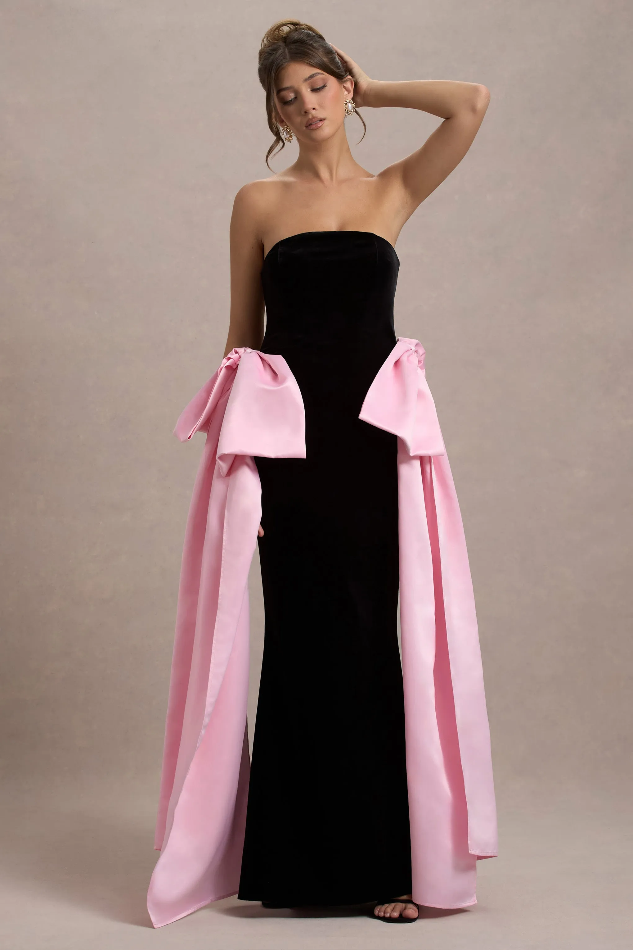 Attention | Black Strapless Maxi Dress With Pink Satin Bows