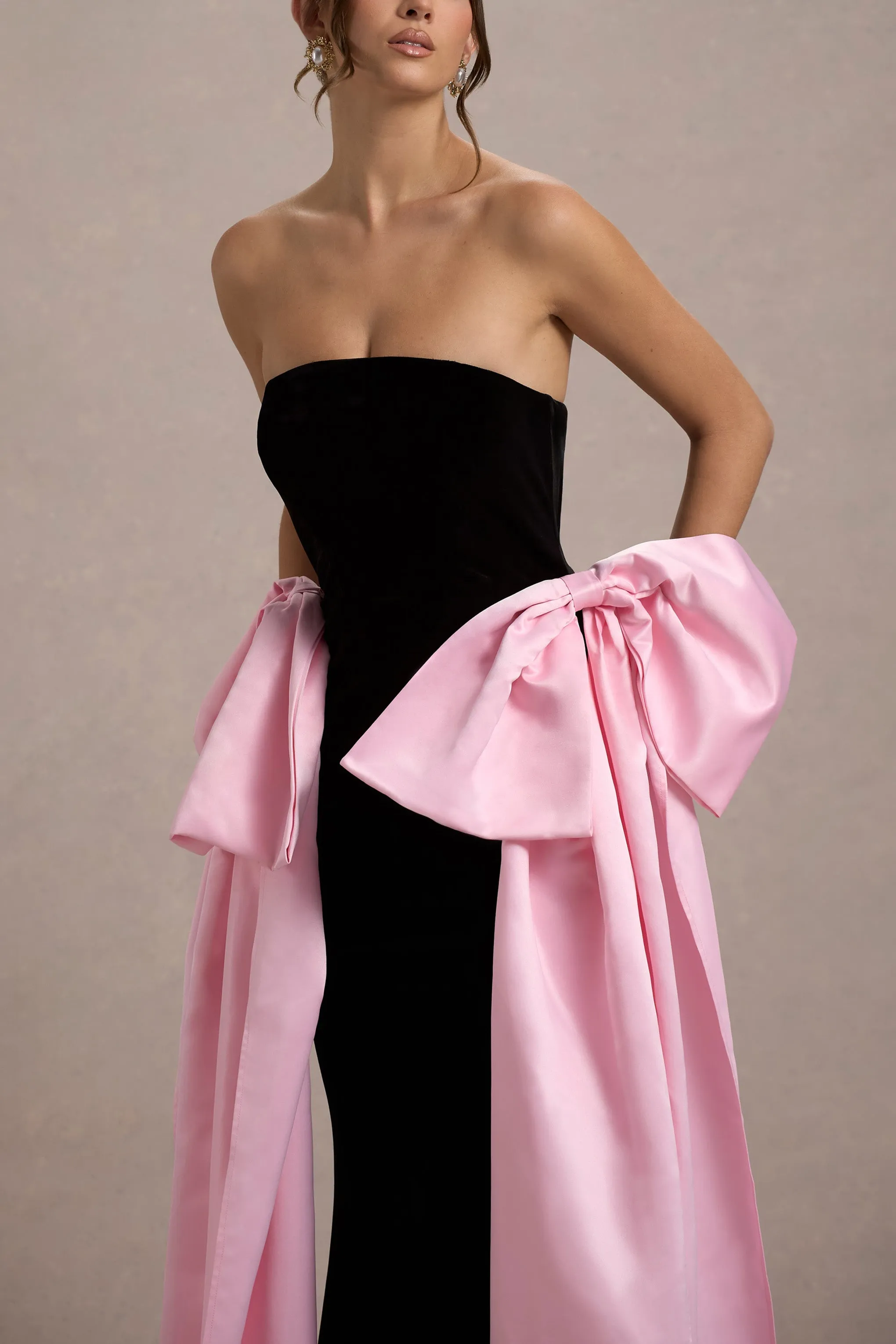 Attention | Black Strapless Maxi Dress With Pink Satin Bows