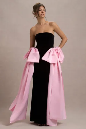 Attention | Black Strapless Maxi Dress With Pink Satin Bows