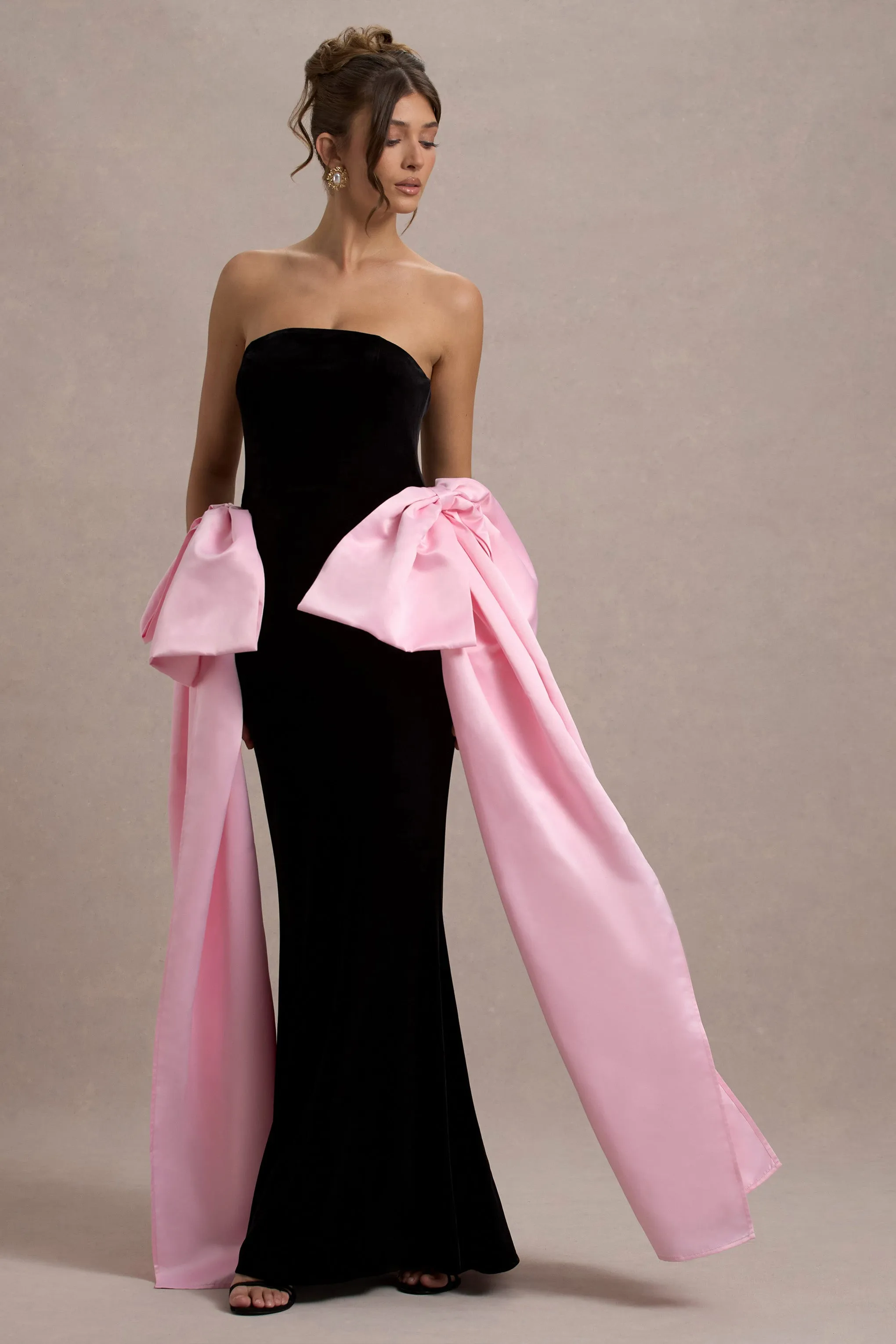 Attention | Black Strapless Maxi Dress With Pink Satin Bows