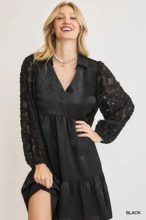 Black Satin V-Neck Mini Dress w/ Burnout Sleeves