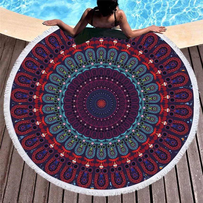 Bohemian Round Beach Towel - Colorful Geometric Design with Tassel Accents - Microfiber Yoga Mat and Boho Toalla Blanket - 150cm Diameter