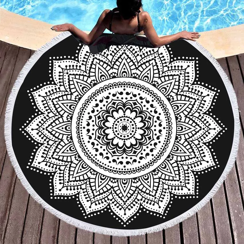 Bohemian Round Beach Towel - Colorful Geometric Design with Tassel Accents - Microfiber Yoga Mat and Boho Toalla Blanket - 150cm Diameter