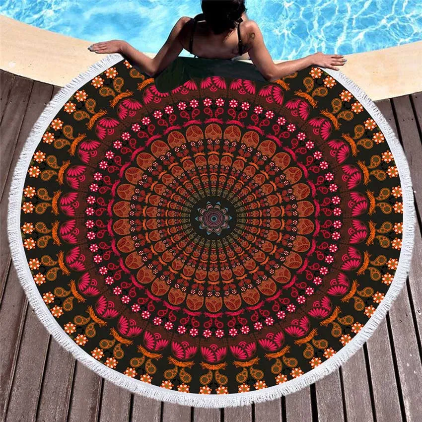 Bohemian Round Beach Towel - Colorful Geometric Design with Tassel Accents - Microfiber Yoga Mat and Boho Toalla Blanket - 150cm Diameter