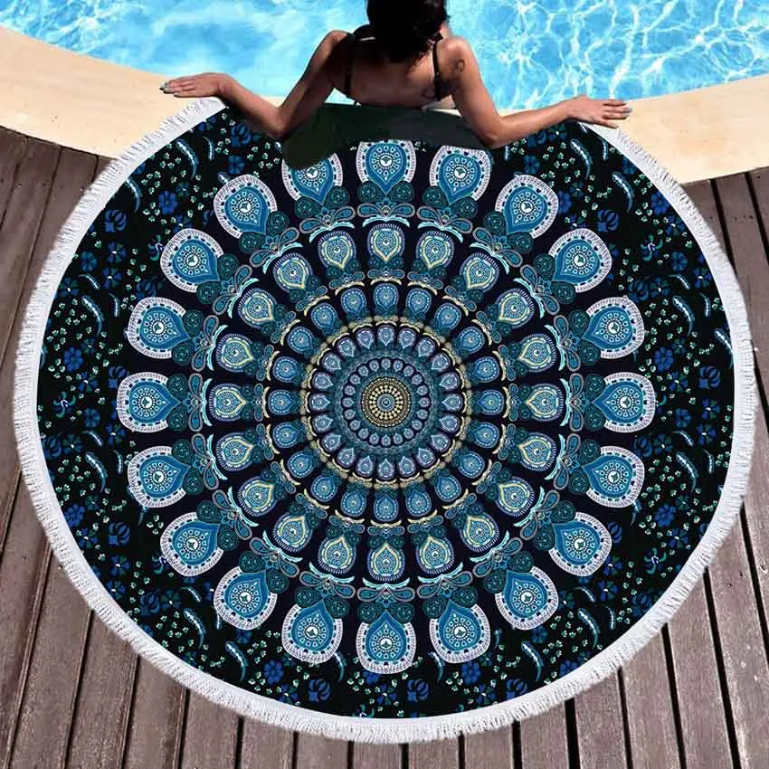 Bohemian Round Beach Towel - Colorful Geometric Design with Tassel Accents - Microfiber Yoga Mat and Boho Toalla Blanket - 150cm Diameter