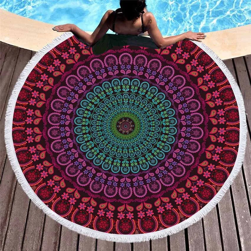 Bohemian Round Beach Towel - Colorful Geometric Design with Tassel Accents - Microfiber Yoga Mat and Boho Toalla Blanket - 150cm Diameter