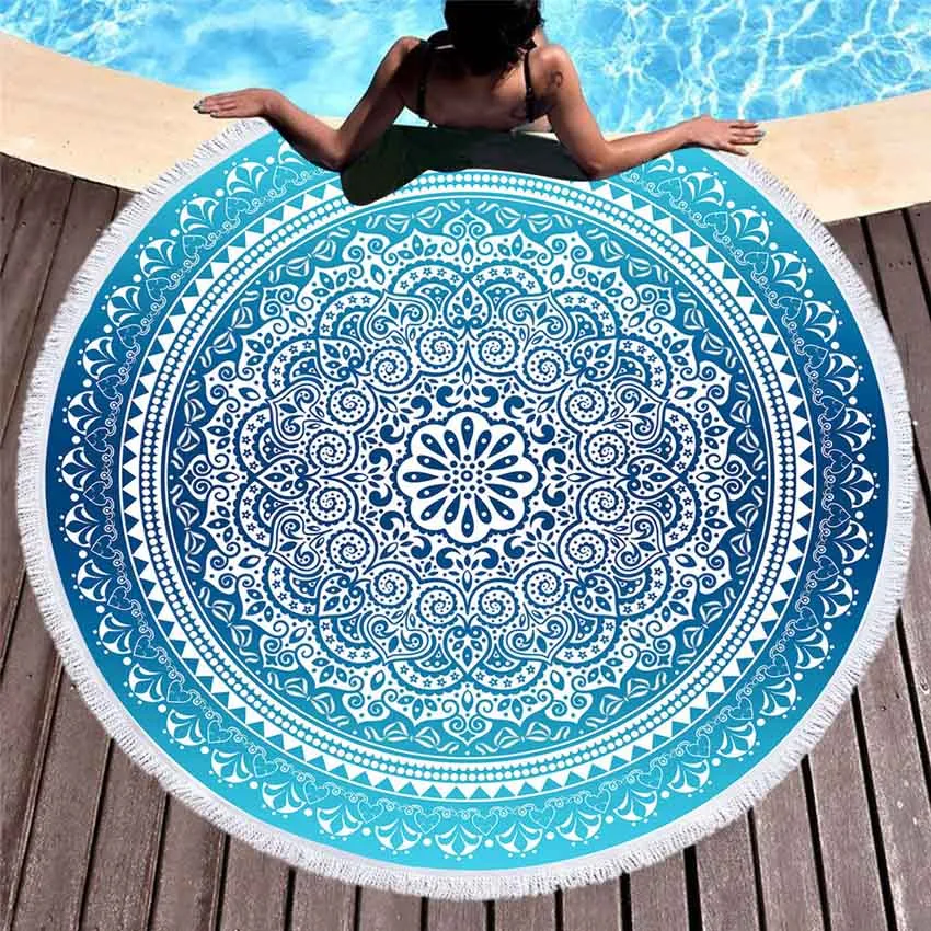 Bohemian Round Beach Towel - Colorful Geometric Design with Tassel Accents - Microfiber Yoga Mat and Boho Toalla Blanket - 150cm Diameter