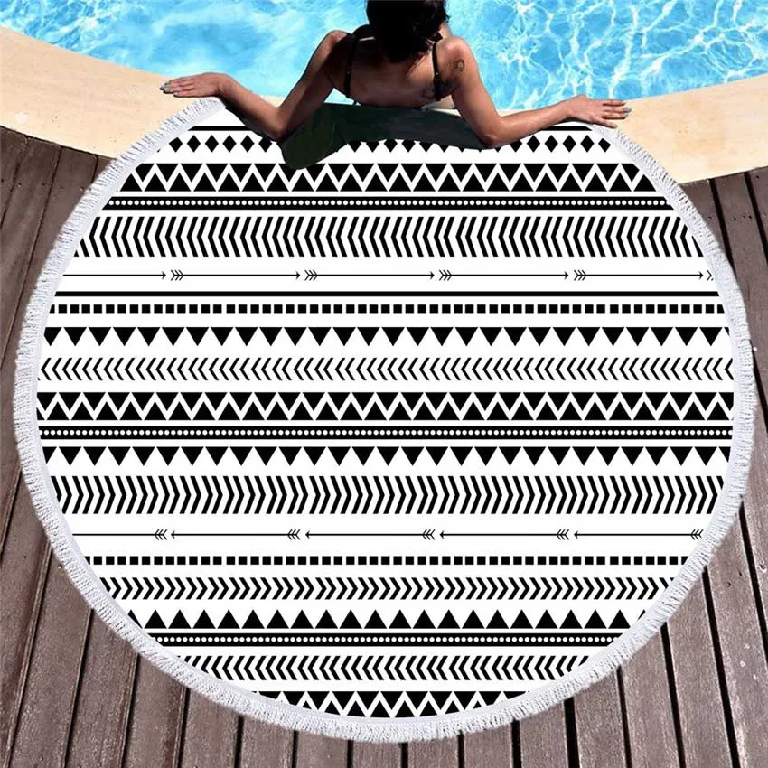 Bohemian Round Beach Towel - Colorful Geometric Design with Tassel Accents - Microfiber Yoga Mat and Boho Toalla Blanket - 150cm Diameter