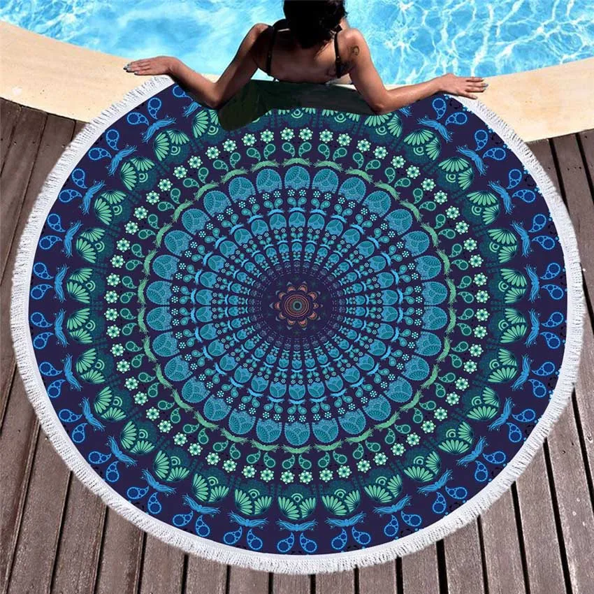 Bohemian Round Beach Towel - Colorful Geometric Design with Tassel Accents - Microfiber Yoga Mat and Boho Toalla Blanket - 150cm Diameter