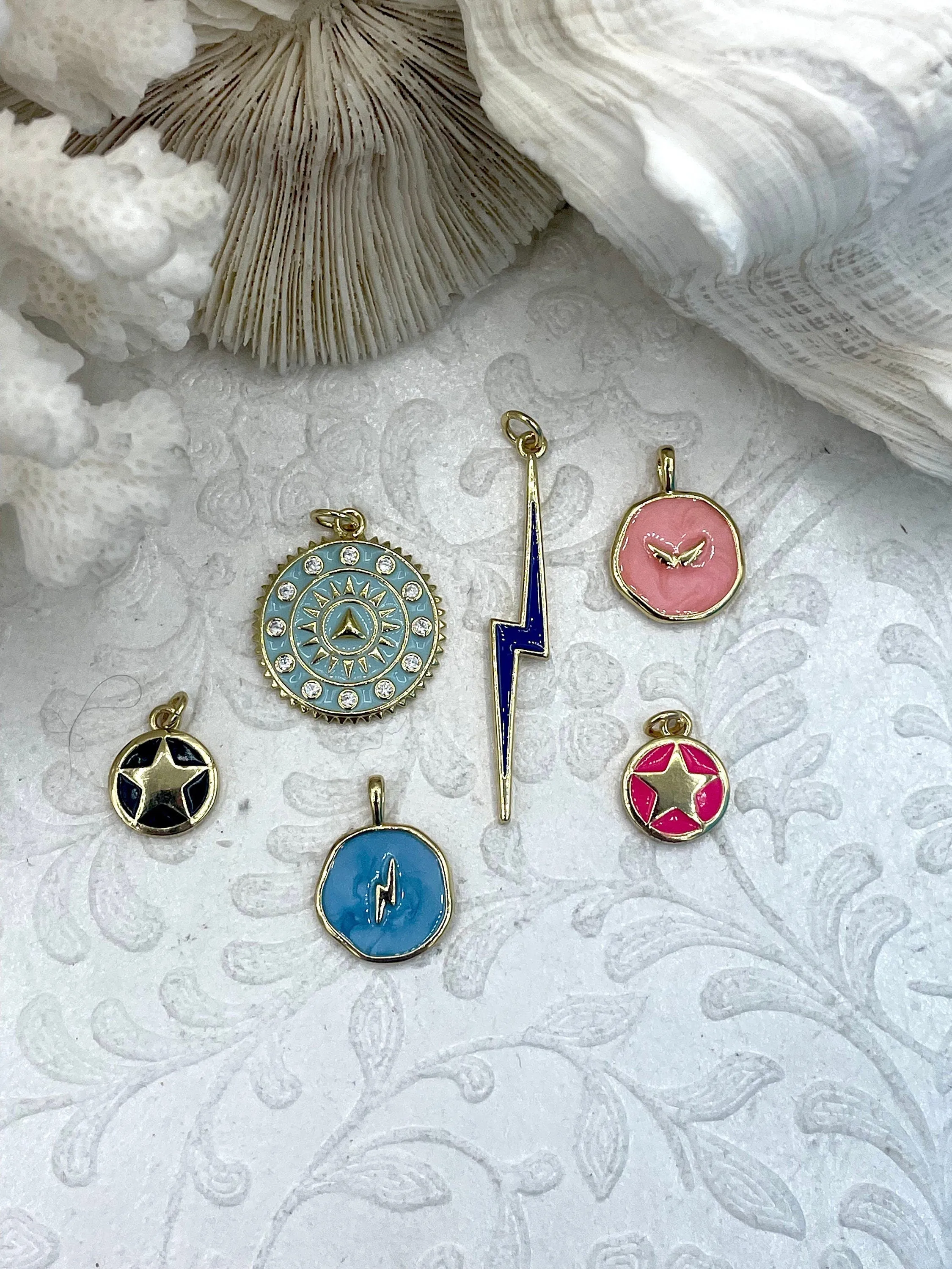 Colorful Enamel Charms w/Gold Plated Brass, CZ Micro PAVE Charm Pendant. Gold plating.Star, Compass, Lightning, Wings. 6 styles .Fast Ship