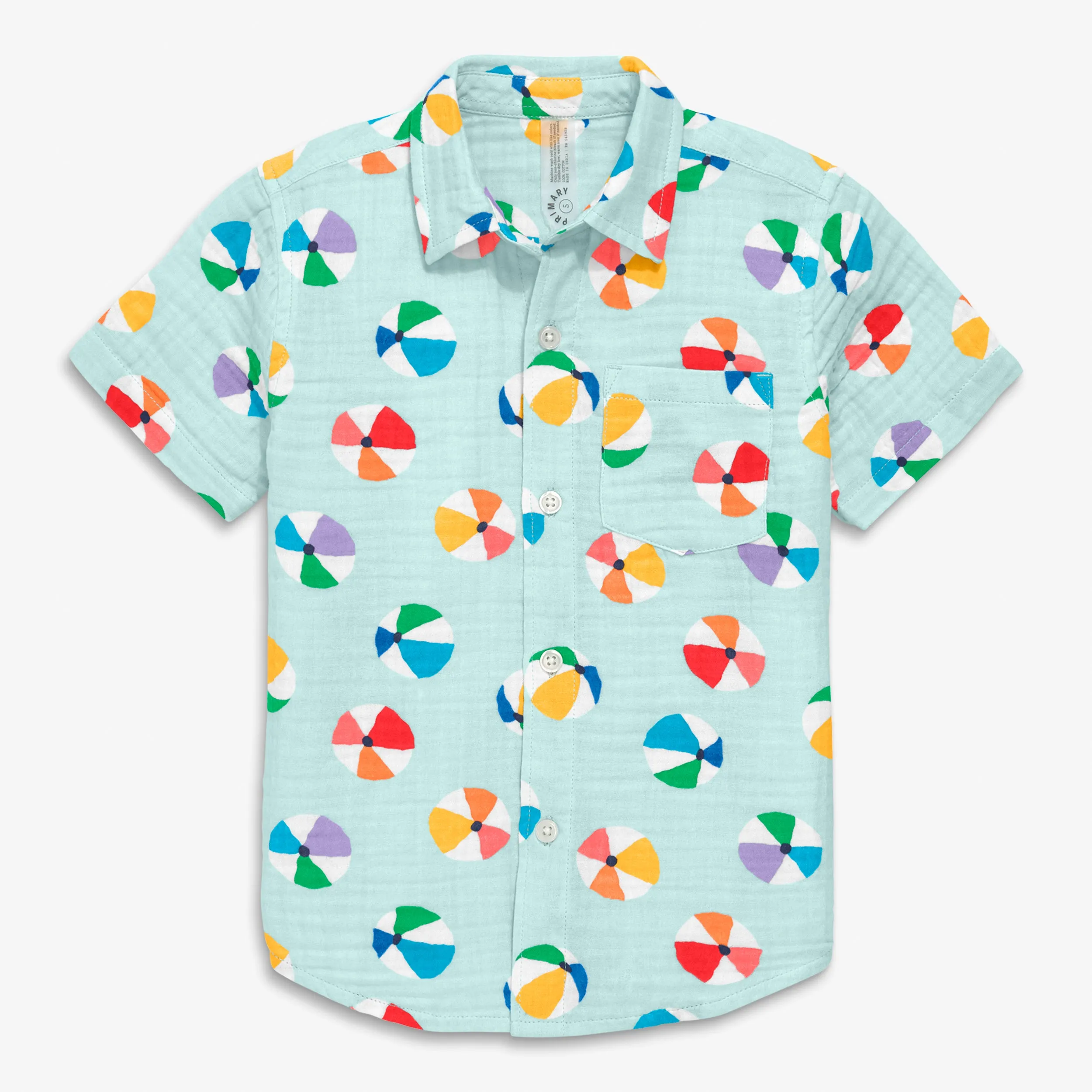 Cotton gauze short sleeve button down in rainbow beach balls