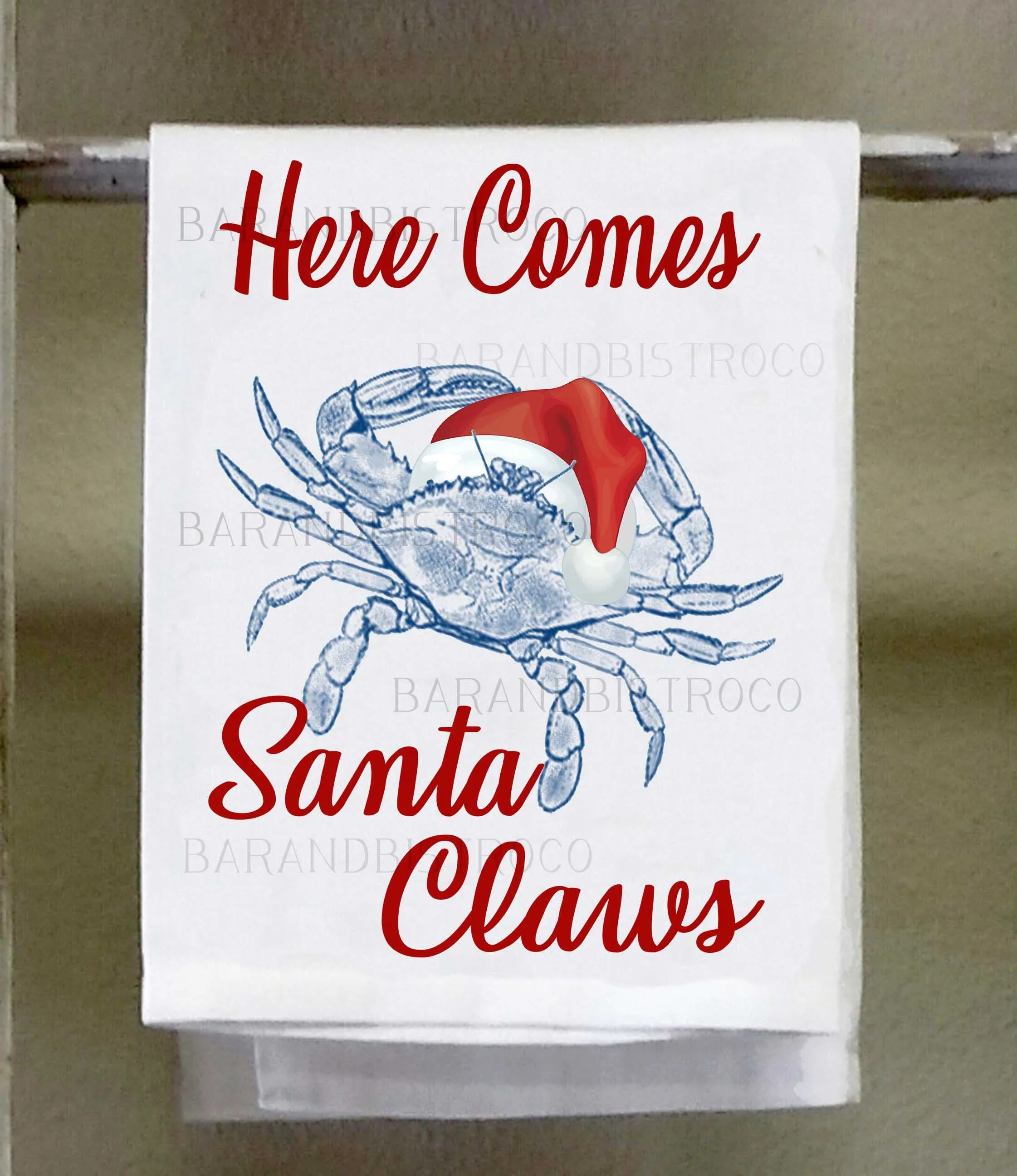 Crab, Christmas Dish Towel, Here comes Santa Claws