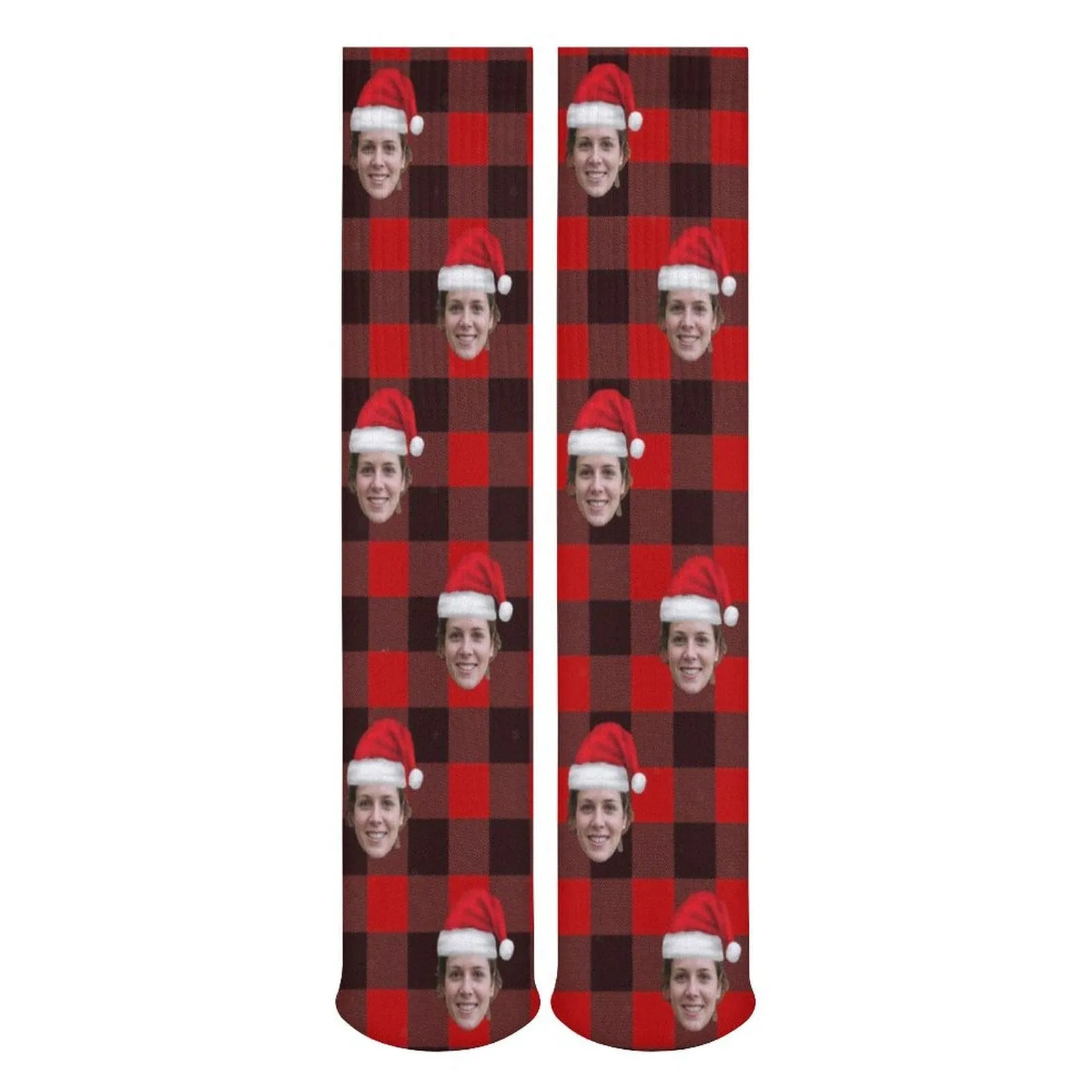 Custom Christmas Face Socks Red Plaid Personalised Face Printed on Socks Sublimated Crew Socks Christmas Gifts