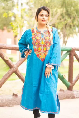 Firozi Color Kashmiri  Work Embroidered Phiran Enriched  Neckline Pattern