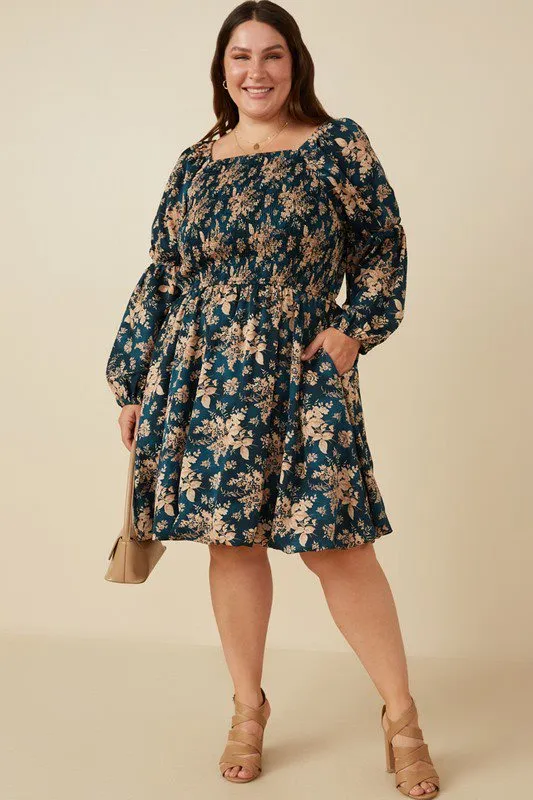 Floral Peasant Sleeve Square Neck Dress