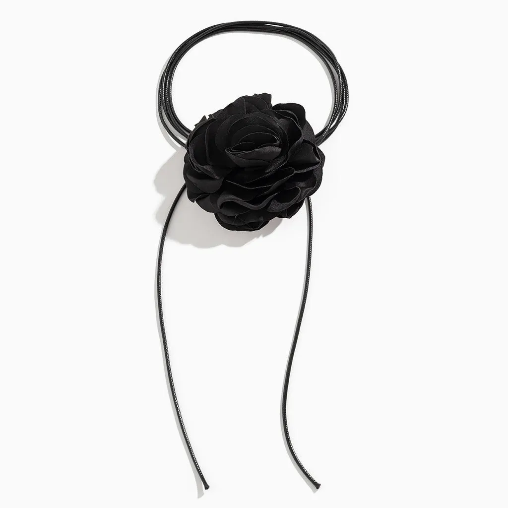 For You in Full Blossom Dreamy Silky 3D Rosette Tie Wrap Choker Necklace