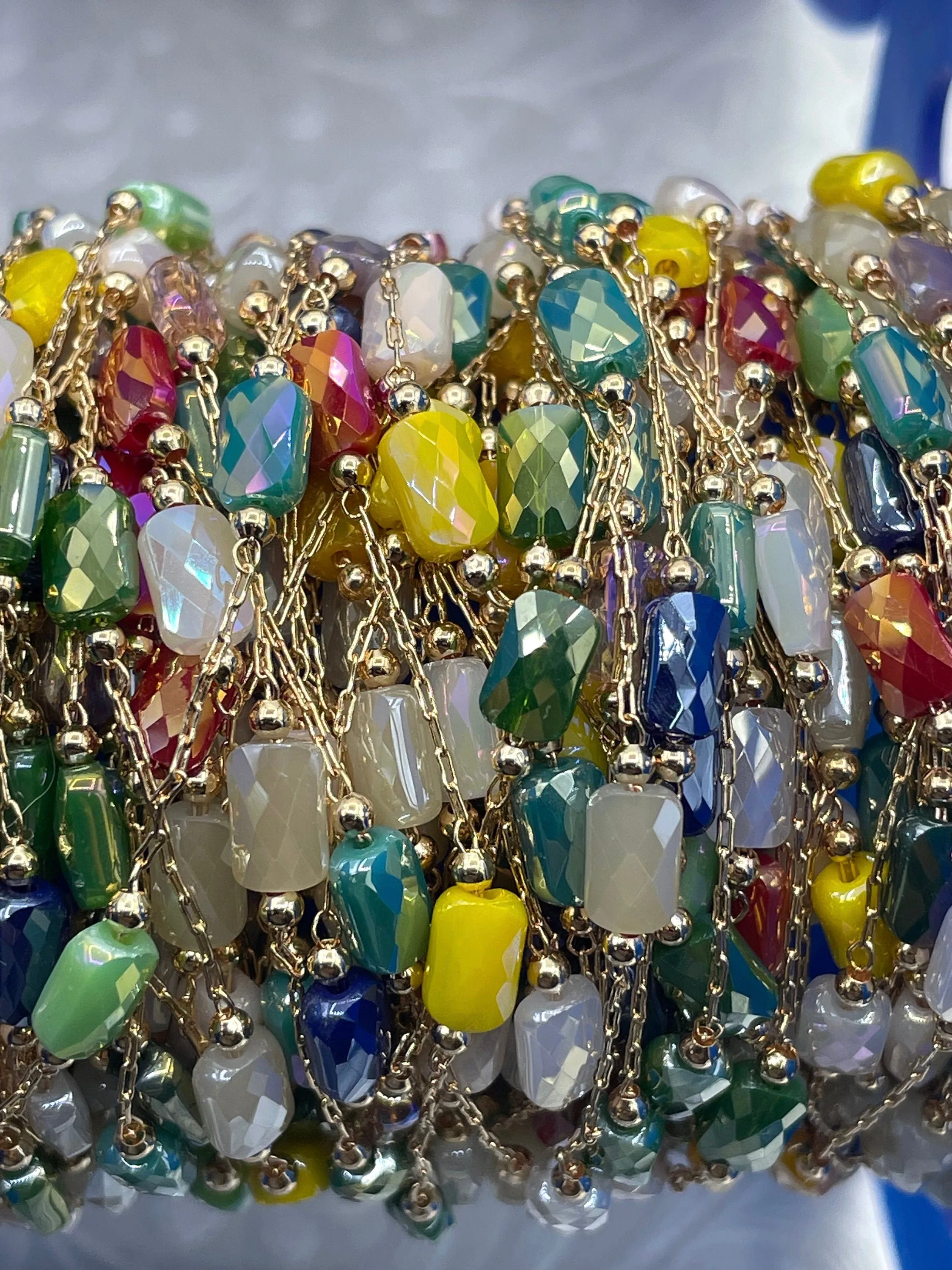 Gold plated Agate or Glass Rosary Chains, Gold Plated Brass Chain, Multicolor Beaded Chains, Colorful Chains, Sold By the Foot, Fast Ship