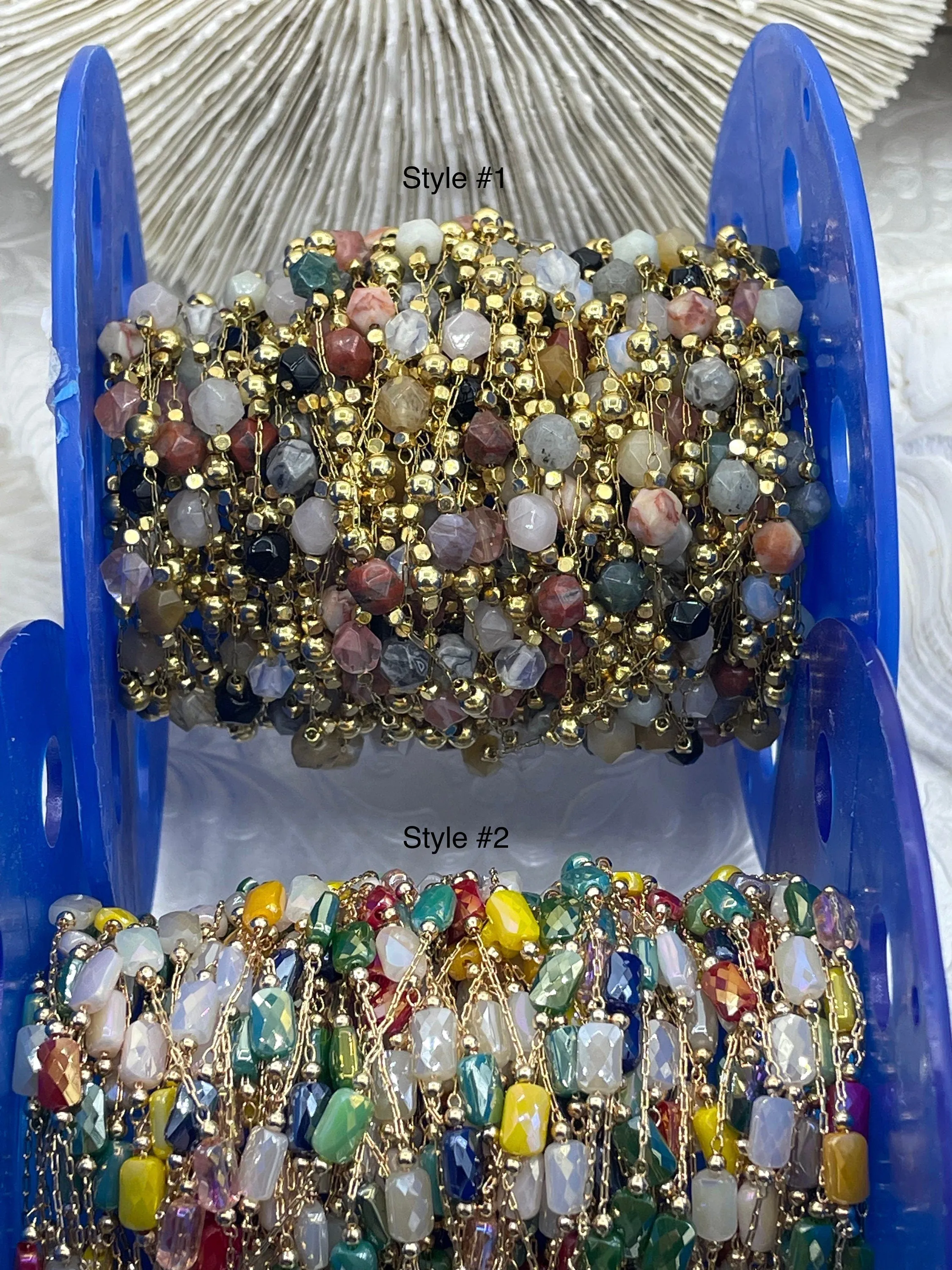 Gold plated Agate or Glass Rosary Chains, Gold Plated Brass Chain, Multicolor Beaded Chains, Colorful Chains, Sold By the Foot, Fast Ship