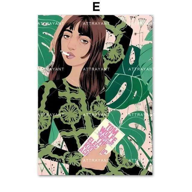 Hand Painted Nordic Poster Fashion Girl Monstera Leaf Wall Art