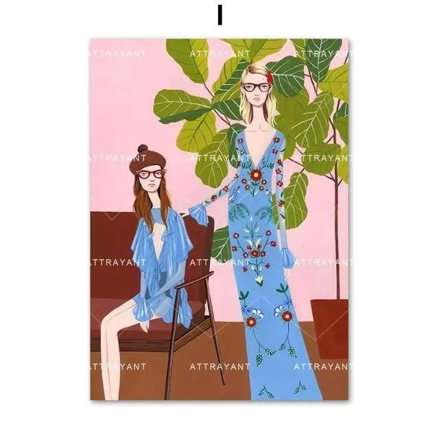 Hand Painted Nordic Poster Fashion Girl Monstera Leaf Wall Art