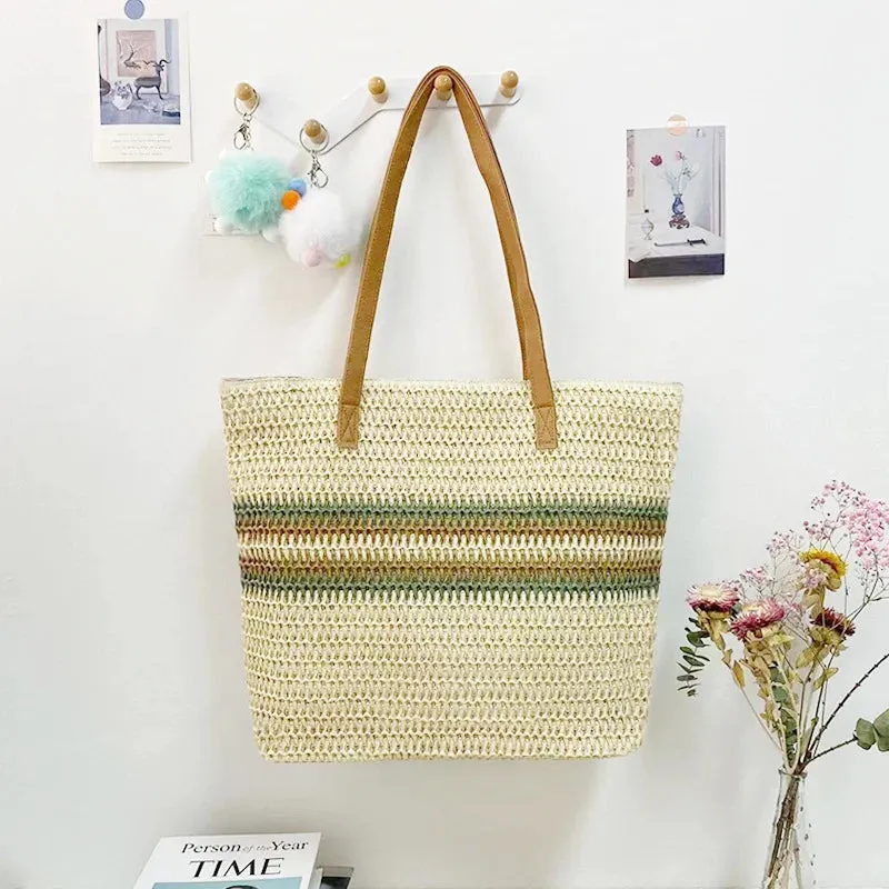 Large Capacity Woven Straw Stripes Shoulder Bag