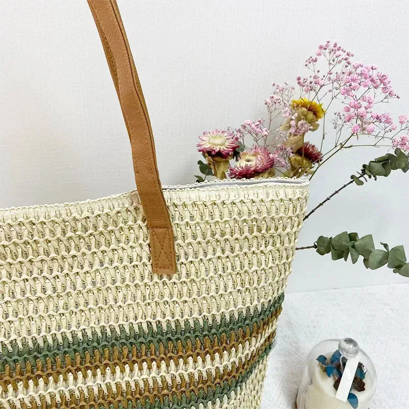 Large Capacity Woven Straw Stripes Shoulder Bag