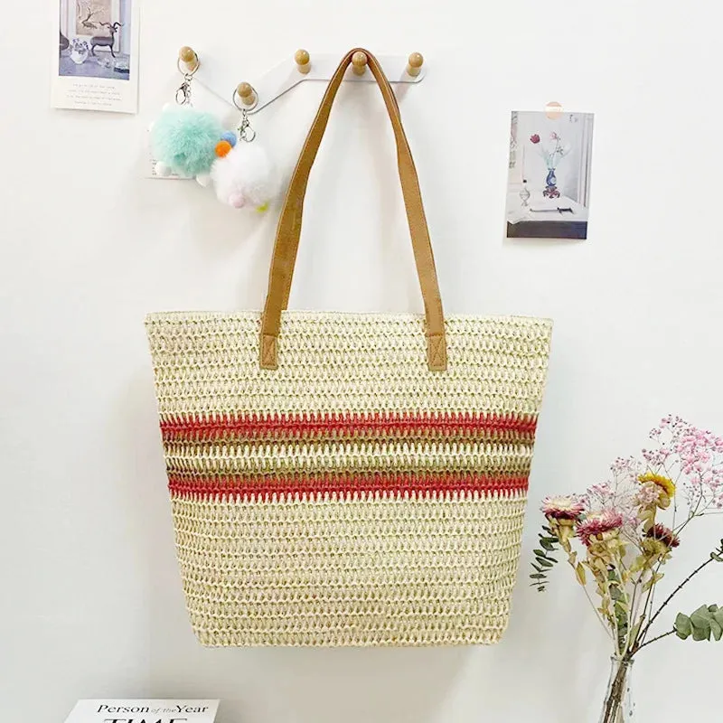 Large Capacity Woven Straw Stripes Shoulder Bag