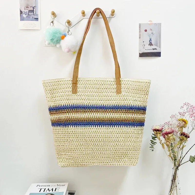 Large Capacity Woven Straw Stripes Shoulder Bag