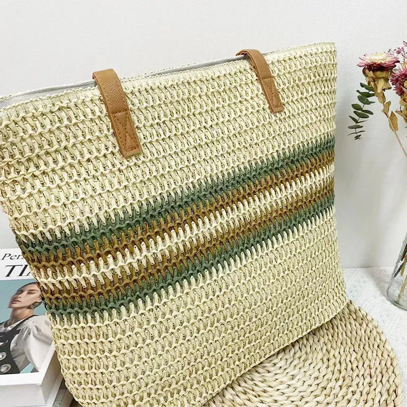 Large Capacity Woven Straw Stripes Shoulder Bag