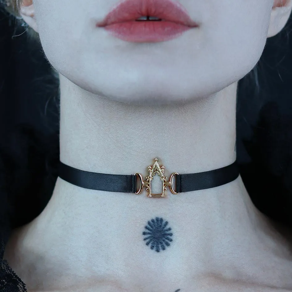 LENORE. Gothic Arch Window Satin Choker - Gold