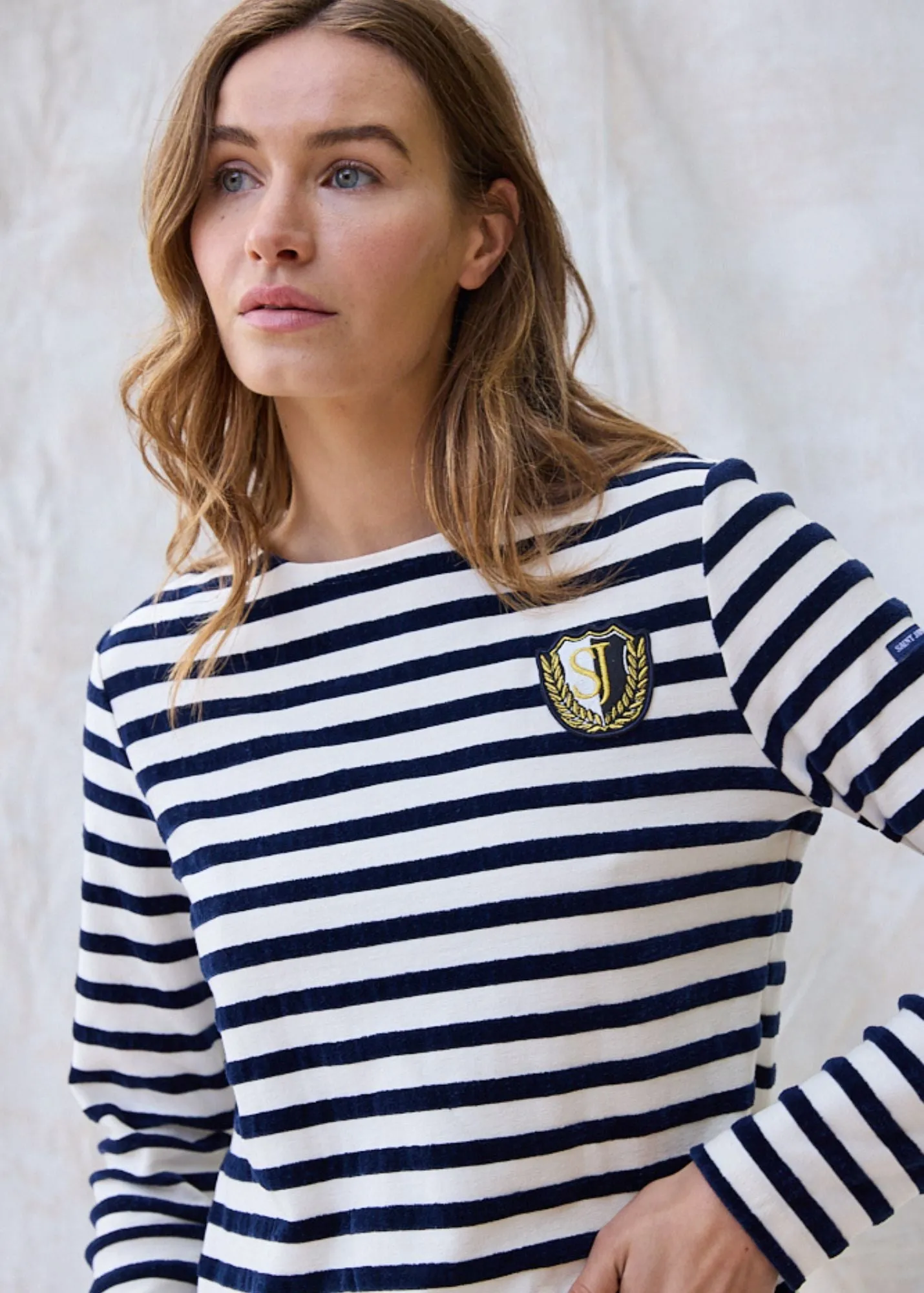 MERIDAME CAMPUS - Fancy Breton Shirt Top with Velvet Stripes and Vintage Crest | Heavyweight Cotton Blend | Women Fit  (IVORY / NAVY)