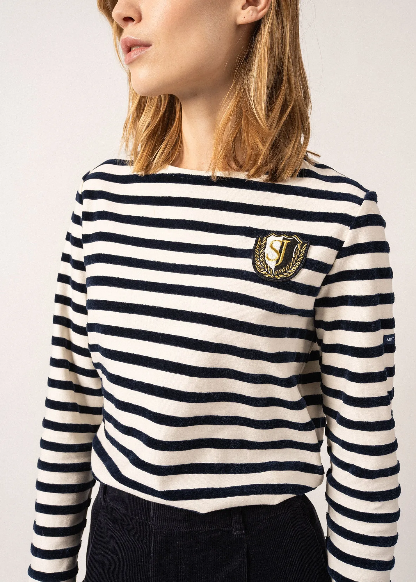 MERIDAME CAMPUS - Fancy Breton Shirt Top with Velvet Stripes and Vintage Crest | Heavyweight Cotton Blend | Women Fit  (IVORY / NAVY)