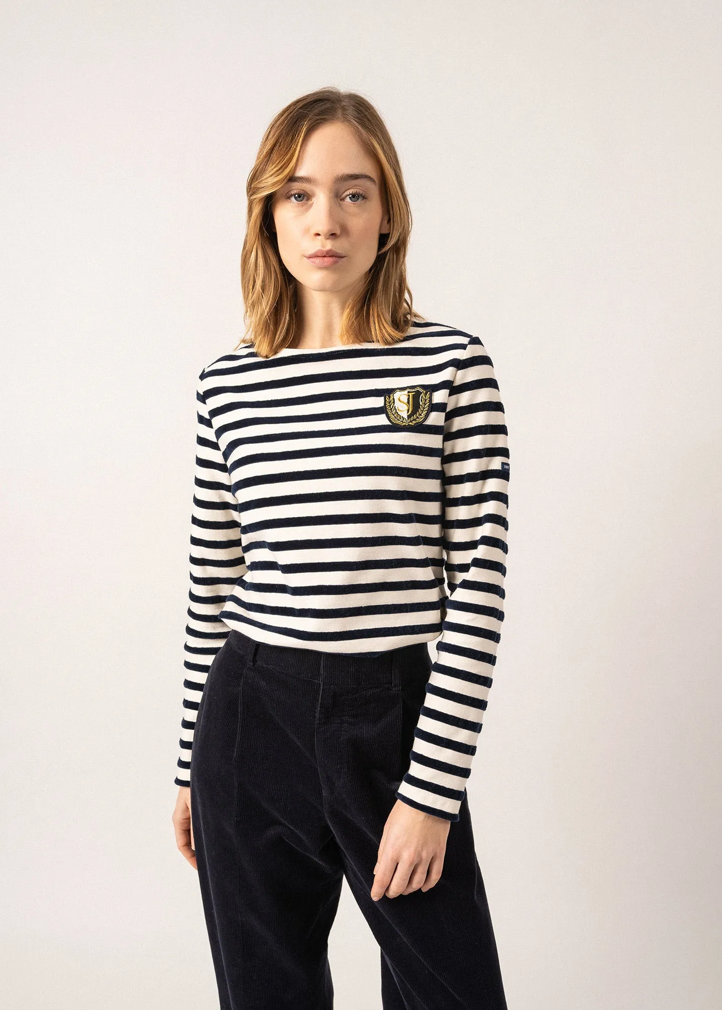 MERIDAME CAMPUS - Fancy Breton Shirt Top with Velvet Stripes and Vintage Crest | Heavyweight Cotton Blend | Women Fit  (IVORY / NAVY)